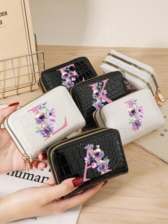 Fashionable Crocodile & Stone Texture Women's Card Holder With Multiple Card Slots, Double Zipper Coin Pocket, And ID Window