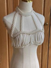 1 pezzo Elegante e raffinata Catena per il corpo tessuta a mano con perle bianche finte, perfetta per feste, sfilate di moda e regali