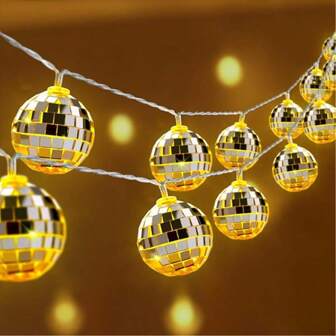 Disco Ball Mirror LED String Lights Lanterns For Holiday Wall Window Tree Decor, Indoor Outdoor Patio Party Garden Kids Room Living Area