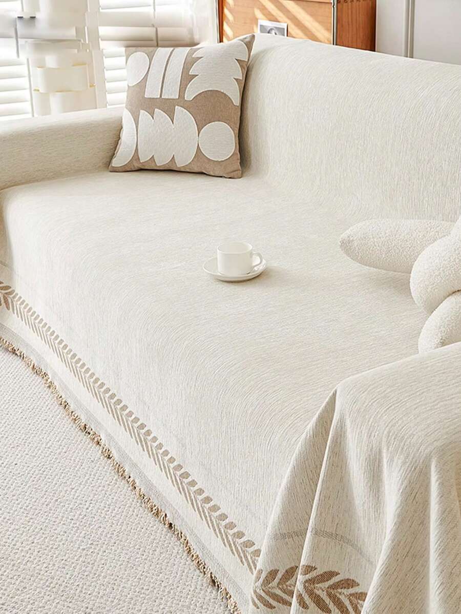 1 pieza Funda de sofá lavable minimalista, con patrón de espigas de trigo y flecos, se ajusta a sofás de 3 plazas, antideslizante, apta para mascotas, protector de muebles multiusos, adecuada para sofás de sala de estar, todo el año - Caqui - Ver 1