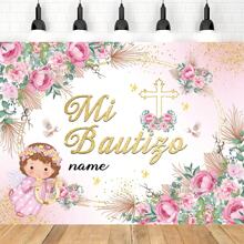 1pc Customizable First Baptism Party Banner, Polyester, Spring Floral Angel Design Photography Backdrop, Personalized Name In Spanish, Home Wall Cake Table Decor, 3 Sizes Available,Graphic Print