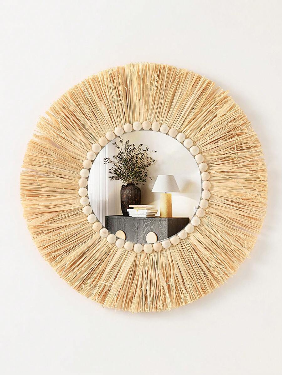 1 件悬挂式编织壁篮，手工制作的乡村波西米亚风格装饰，精制藤条，海草圆形壁篮，适用于家庭、厨房、农舍、桌子、客厅 - 独特的墙壁艺术 - 鏡子款 - 查看 1