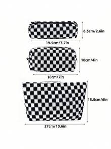 Checkered Knitted Fabric Corduroy Makeup Bag Cosmetic Bag Set For Women Checkered Travel Organizer Bathroom Toiletry Pouch Large Capacity Storage Bag
