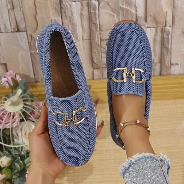 Damen Schnallenschuhe, runde Spitze, flache Strickschuhe, atmungsaktiv und leicht, Slip-On Lässig Flats, vielseitige weiche Sohle Ballerinas