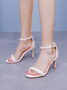 8厘米象牙色珍珠宴会凉鞋，春夏时尚铆钉露趾高跟系带凉鞋，适合新娘、婚礼、周年纪念、情人节、毕业典礼、舞台、女士超高跟凉鞋、派对 - Beige 8cm Heel - 查看 10