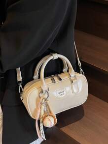 New Large Capacity Soft Leather Boston Tote Bag With Plush Doll Charm Decor, Crossbody Ladies Handbag, Suitable For Commute, Autumn/Winter