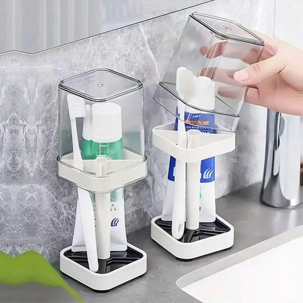 Porta spazzolino con bicchiere, adatto per spazzolini da denti standard, può contenere dentifricio, supporto per 3 spazzolini da denti e dentifricio, ideale per spazzolino elettrico, filo interdentale, rasoio, decorazione per il bagno, per la stagione estiva e il ritorno a scuola