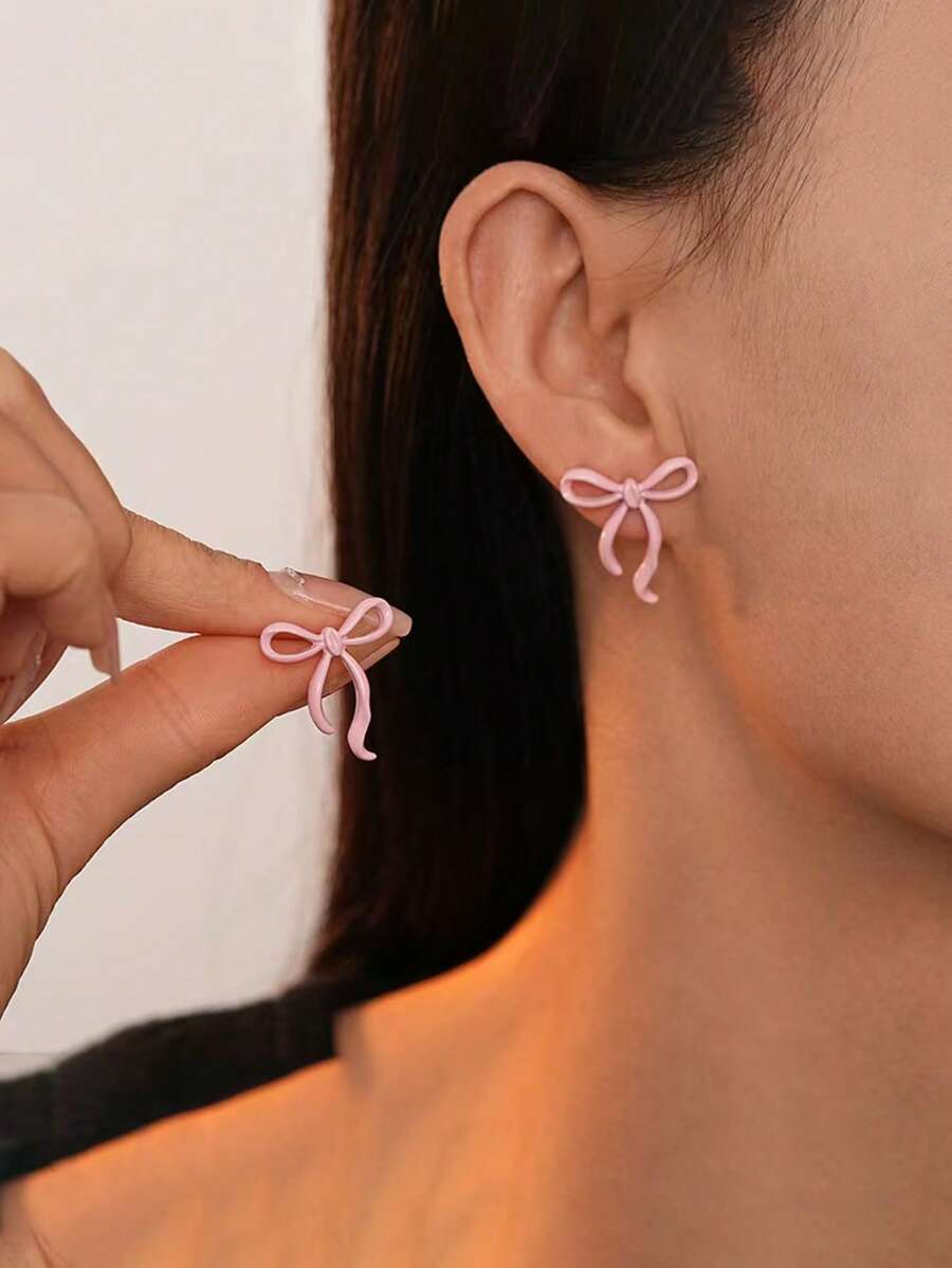 1 对精致、时尚、轻巧、多功能、优雅、高端、独特蝴蝶结设计女士耳环 - 粉紅色 - 查看 1