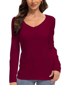 LKESRC Women's Long Sleeve Shirt Soft V-Neck Top Fitted Tight Solid Color Basic T-Shirt - Đỏ tía - Xem 1