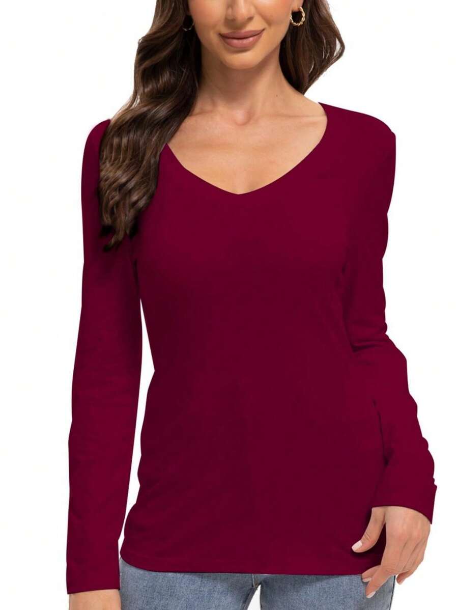 LKESRC Women's Long Sleeve Shirt Soft V-Neck Top Fitted Tight Solid Color Basic T-Shirt - Đỏ tía - Xem 1