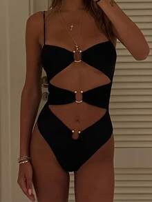 Women's New Solid Color One-Piece Swimsuit, Sexy Strap Design