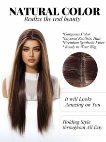 高品质舒适自然长直发女士假发 28 英寸长直发，金色亮点，无刘海，合成耐热纤维材料，适合度假、旅行、家庭聚会、角色扮演、日常佩戴