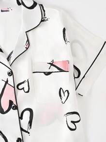 2pcs Women Heart Print Pajama Set, Heart Pattern Soft Satin Short Sleeve Top And Shorts Loungewear Suit For Home/Casual/Outdoor Fashionable Wear, Two Pieces Set - White - View 4