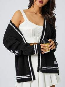 Women's Knit Cardigan  Autumn Winter Long Sleeve V Neck  Star Print Button Down  Cozy Knitwear - màu đen - Xem 2