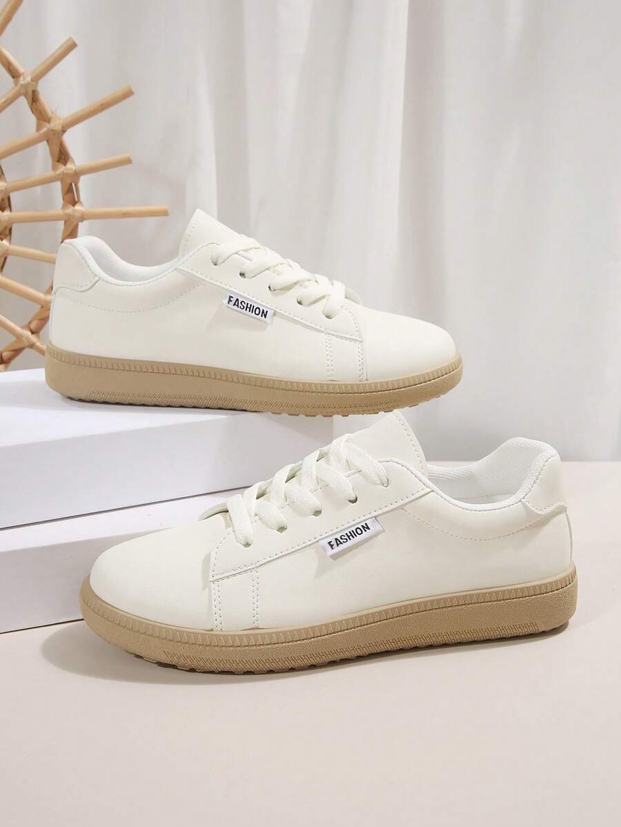 Zapatillas deportivas casuales de exterior de estilo universitario para mujer con suela gruesa transpirable, cordones cruzados, color blanco cremoso - Beis - Ver 1