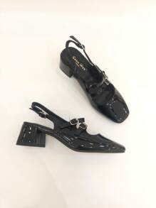REVREAL Patent Double-Buckle Slingback Mary Jane Heels Stylish High Heels - Black - View 4
