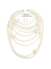 2pcs/Set Euorpean & American Heavy Industry Pearl Necklace Jewelry Set Including 1pc Necklace And 1pair Earrings, Multi-Layer Clothing Faux Pearl Tassel Necklace Set