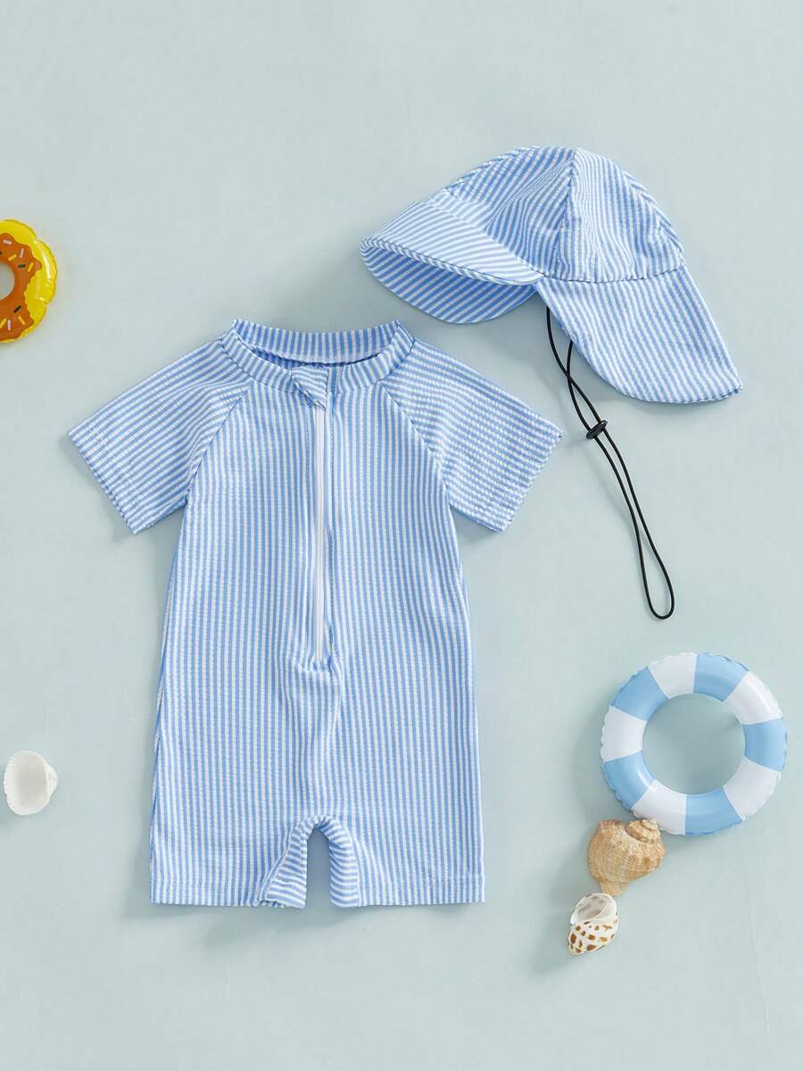 Baby Boy Basic Swimsuit Toddler Short Sleeve Front Zipper Bathing Suit Infant Boy Striped Rush Guard Swimwear With Sun Protection Swim Hat - Blue - View 1