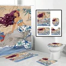 1 套印有美人鱼、海马和海洋元素的防水浴帘，配有 12 个挂钩，可洗涤纶面料浴垫和马桶垫，适用于浴室装饰和家居装饰母亲节鲜花，送给妈妈的个性化礼物，最后一分钟的礼物，母亲节创意，母亲节礼物，送给妈妈的手工卡片，50 美元以下的最佳母亲节礼物