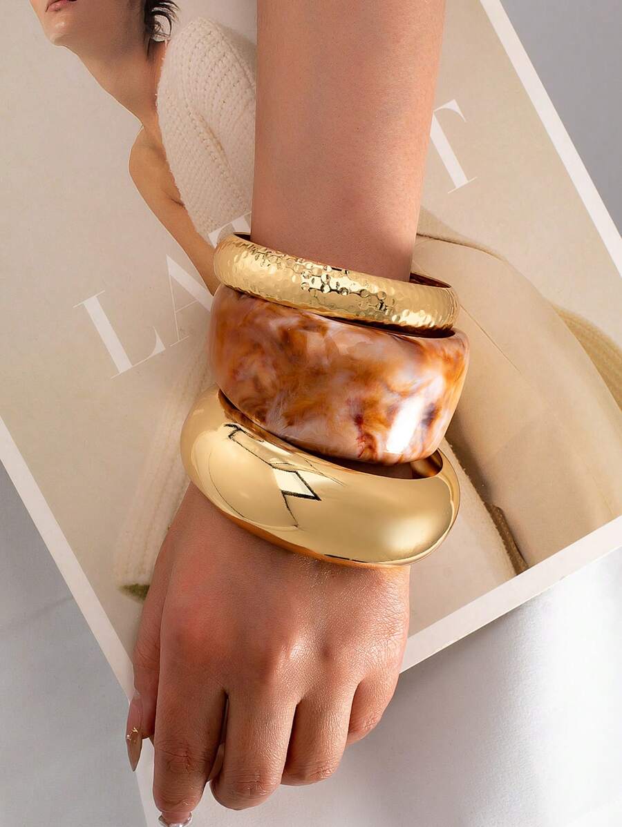 3 件装厚树脂袖口手镯套装铁金属轮手镯套装