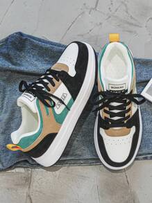 Men's Fashionable Colorblock Letter Lace-Up Low-Top Thick Sole Sneakers, & Personalized For Youth Outdoor Lightweight Comfortable Casual Skate Shoes