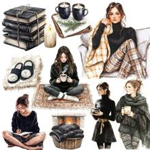 1 Pack Retro Black Style Girl Reading, Drinking Tea, Writing Diary Stickers For DIY Journal, Scrapbook, Notebook