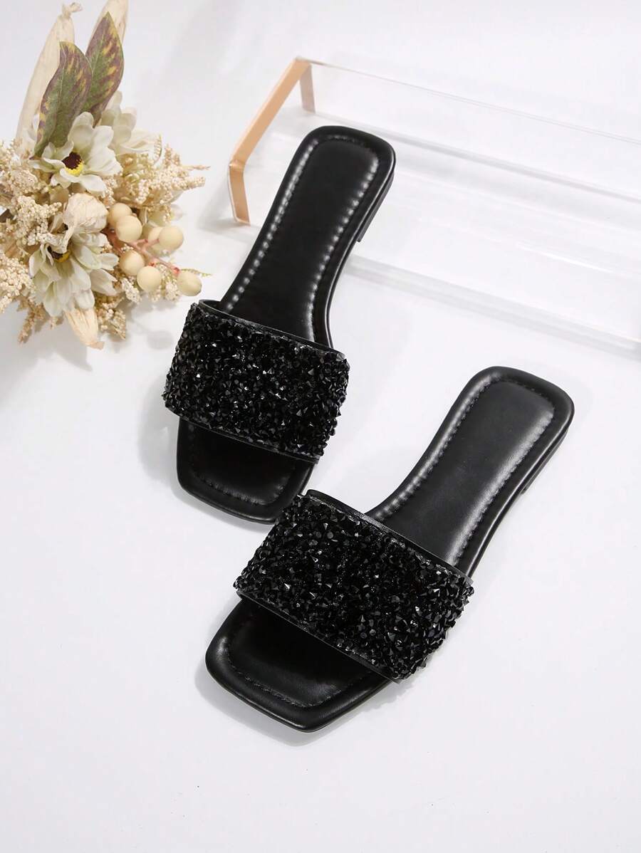 Sandalias planas para mujer de talla grande, estilo de vacaciones, verano informal, versátil, con decoración de rhinestones