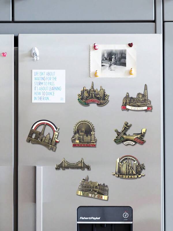 1 pieza Imán de nevera de metal con estilo retro de un hito, recuerdo de viaje, decoración del hogar creativa en 3D, pegatina magnética conmemorativa, modelo de decoración magnética de edificio de hito