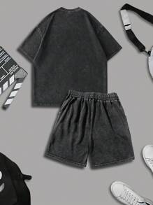 2pcs Men's Retro Fashionable Skull & Letter Print Casual Washed T-Shirt And Shorts Set - Black - View 2