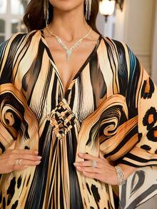 Women's Elegant Leopard Print Robe Plus Size Bohemian Style Batwing Sleeve Loungewear Dress Dignified Arabian Style Robe Set Eid Spring - Multicolor - View 3