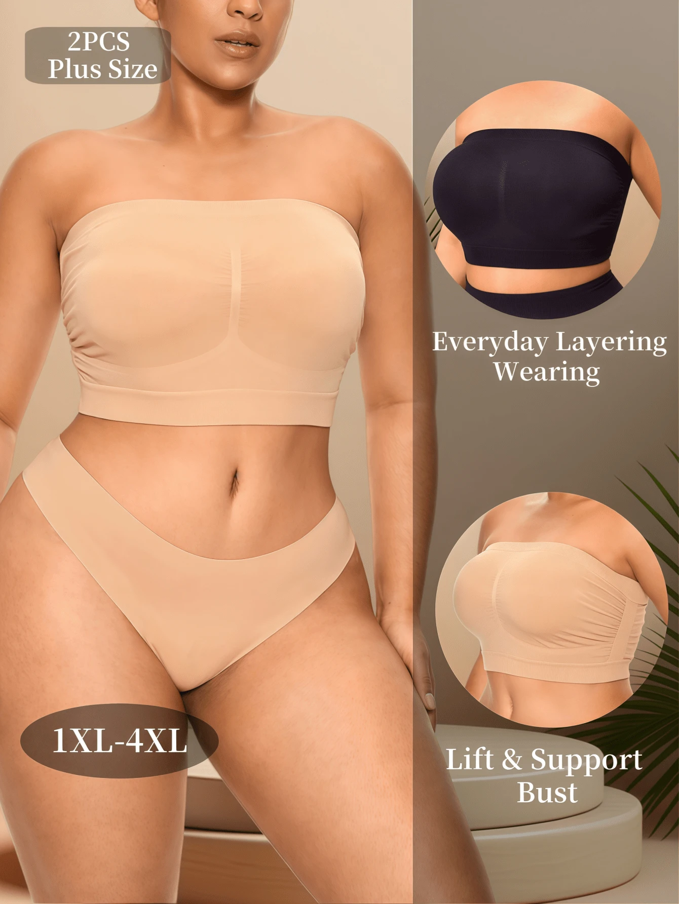 2 Pcs Plus Size Open Shoulder Bralette Set, Backless Halter Bra For Women - Multicolor - View 1