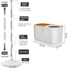 Floor Spin Mop And Bucket Set With Wringer System Extended Stainless Steel Handle 61"For Home Floor Cleaning Use With 5 Replacement Head Refill And 1 Cleaning Brush Head