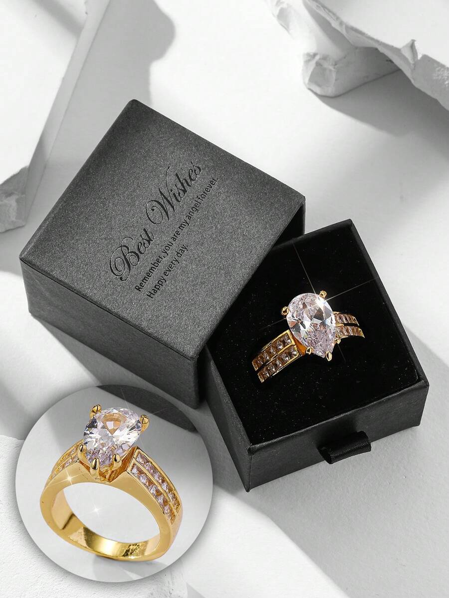 Gift Box Set Luxury Shiny Water Drop Cubic Zirconia Ring, High-End Women's Banquet, Wedding, Party Jewelry, Copper Material, Non-Fading, Hypoallergenic, Suitable For Holiday Gifts - Gold - View 1