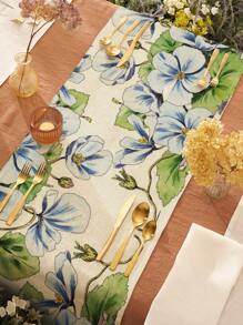 Hand-Painted Floral Decoration Pattern Linen Table Runner, Suitable For Daily Kitchen, Dining Room, Tabletop Decoration, Cabinet Cover - Multicolor - View 3