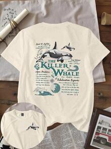 女式复古虎鲸与波浪与字母印花休闲短袖 T 恤，夏季 - 杏色 - 查看 1