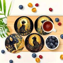 6pcs Black Cat & Night Wooden Coasters - Heat Resistant, Home & Cafe Decor Cup Mats - Perfect Accessory For Afternoon Tea & Holiday Gifts