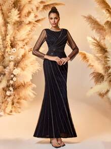 Women Elegant Black Beaded Wedding Guest Dress, Long Sleeve Striped Maxi Dress With Flowy Hem, Party Dress, Prom Dress - Black - View 7