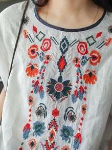 Women's Embroidered Blouse Cotton Linen Short Sleeve Peasant Boho Mexican Tunic Top Casual T Shirt - trắng - Xem 3