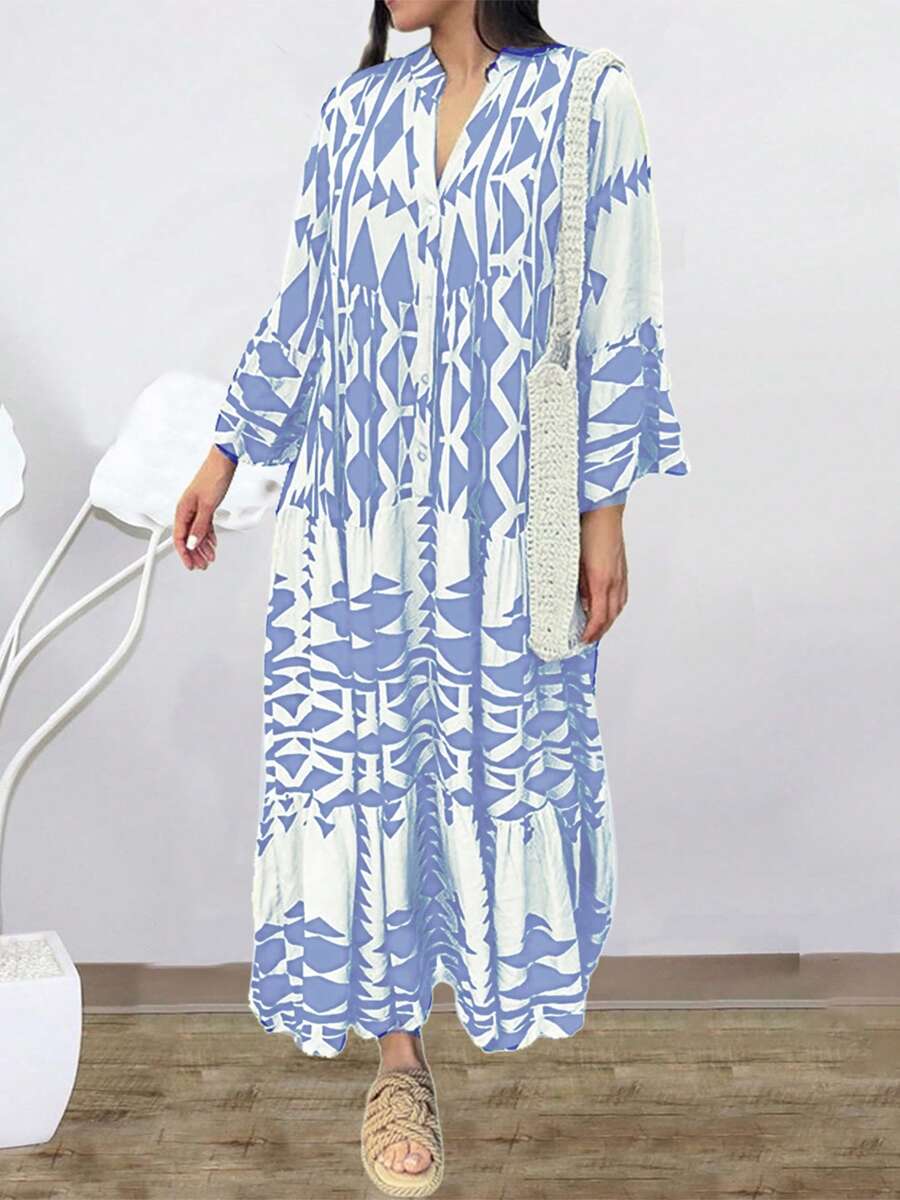 Women Long Dress Long Sleeve Button-Down Geometric Print Bohe Dress Loose Swing Dress For Casual Daily - Baby Blue - View 1