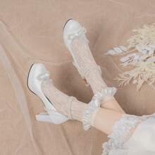 Tacones altos de mujer tipo Lolita con plataforma impermeable, perlas, lazo y tacón grueso hueco