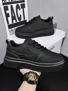 Men Outdoor Casual Sports Shoes - Fashionable Lightweight Waterproof Sneakers - Comfortable New Thick Sole Skateboarding Shoes - Loose Fit All Season Anti-Slip Sliding Safe Plus Size Leather Shoes - Black - View 4