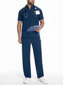 Men's Short Sleeve Work Uniform, Lab Coat, Grooming Smock Outfit, Breathable Pocket Workwear Set - Teal Blue - View 7