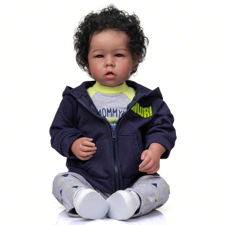 1PC 20 Inch /50 Cm Male Newborn Baby - Reborn Doll - Cute And Realistic Baby Toy, Long Curly Hair, Collectible Doll, With Stuffed Rabbit Doll, Halloween Christmas Birthday Gift - 藍色 - 查看 1