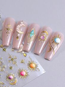 5D Metallic Bohemian Embossed Nail Stickers 2pcs Iridescent Gold Sun Gemstone Graphic Lace Enamel Necklace Moon Design DIY Holographic Engraving Self-Adhesive Gel Polish Decals Sliders Nail Art Decoration Salon Manicure Nail Supplies