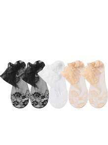 Chaussettes femmes en dentelle transparente Lolita invisibles, fines pour l'été, antidérapantes, courtes, coupe-bateaux