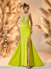 Vestido de graduación escote de barco estilo sirena amarillo, con tirantes, cuello en V profundo y espalda descubierta, vestido de fiesta, vestido formal, vestido de invitada de boda - Mostaza Amarilla - Ver 3
