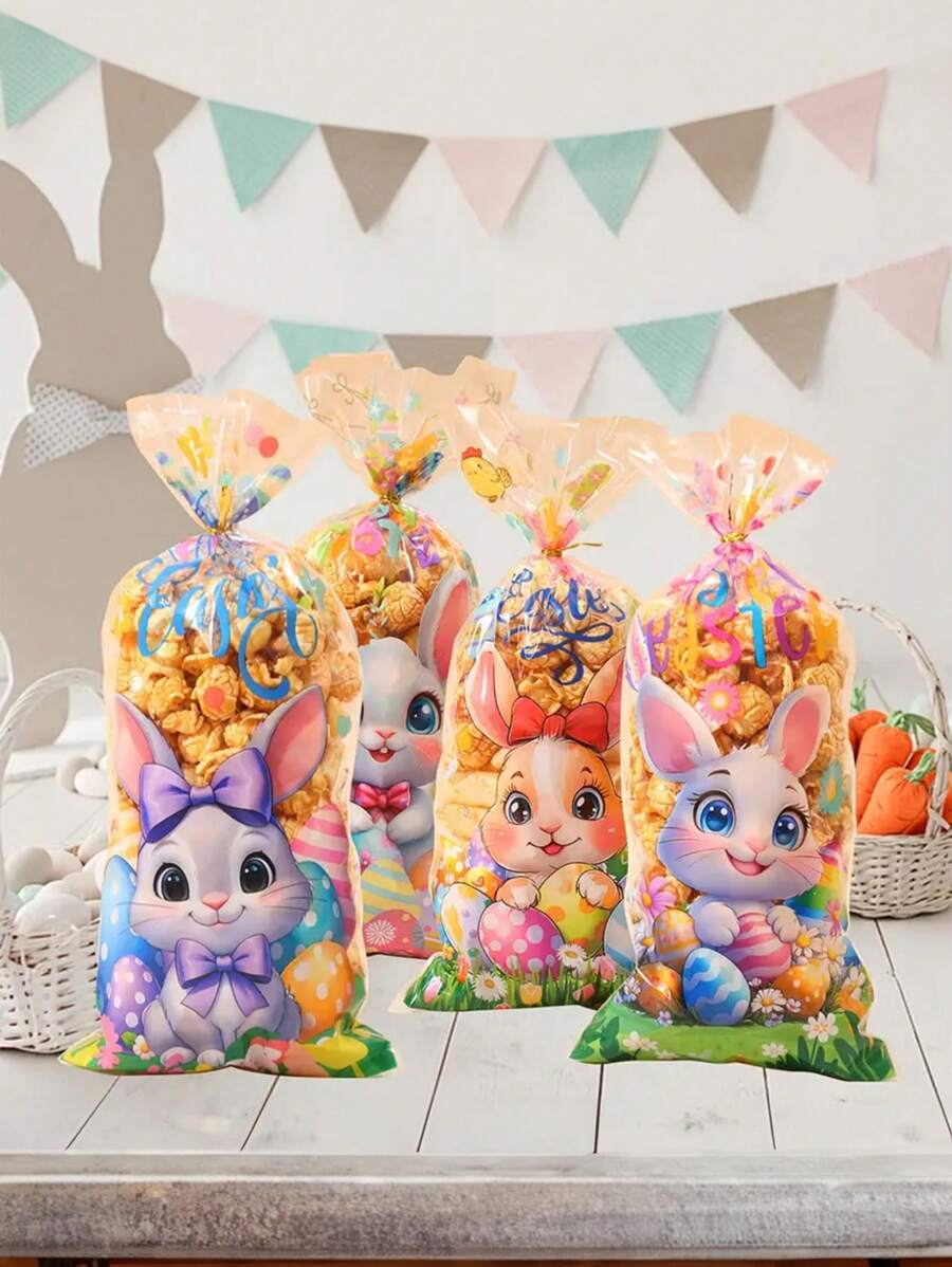 1 包 25 个复活节兔子抽绳礼品袋，可爱的卡通兔子和鸡蛋设计，塑料派对礼品袋，适合盛放糖果和零食 - 非常适合复活节、感恩节和圣诞节 - 彩色 - 查看 1