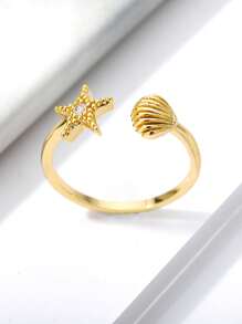 1Pc Marine Life Starfish Shell Ring With Zirconia, Dainty Ocean Sea Shell Open Adjustable Finger Ring, Ladies Jewelry Fashion Accessories