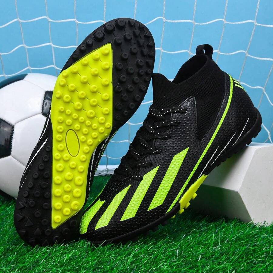 1 par de zapatos de fútbol para adultos hombres/mujeres estudiantes, zapatos con clavos para deportes de equipo, competencia, resistentes al deslizamiento y al desgaste con tacos para césped artificial, arena, césped natural, cancha interior, zapatos de entrenamiento de fútbol con cordones, zapatos de fútbol para mujer de piel de balón ovalado de pequeño tamaño - Negro - Ver 1