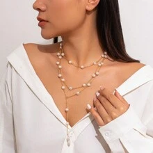 1pc Women's Elegant Minimalist Multi-Layer Faux Pearl Tassel Necklace